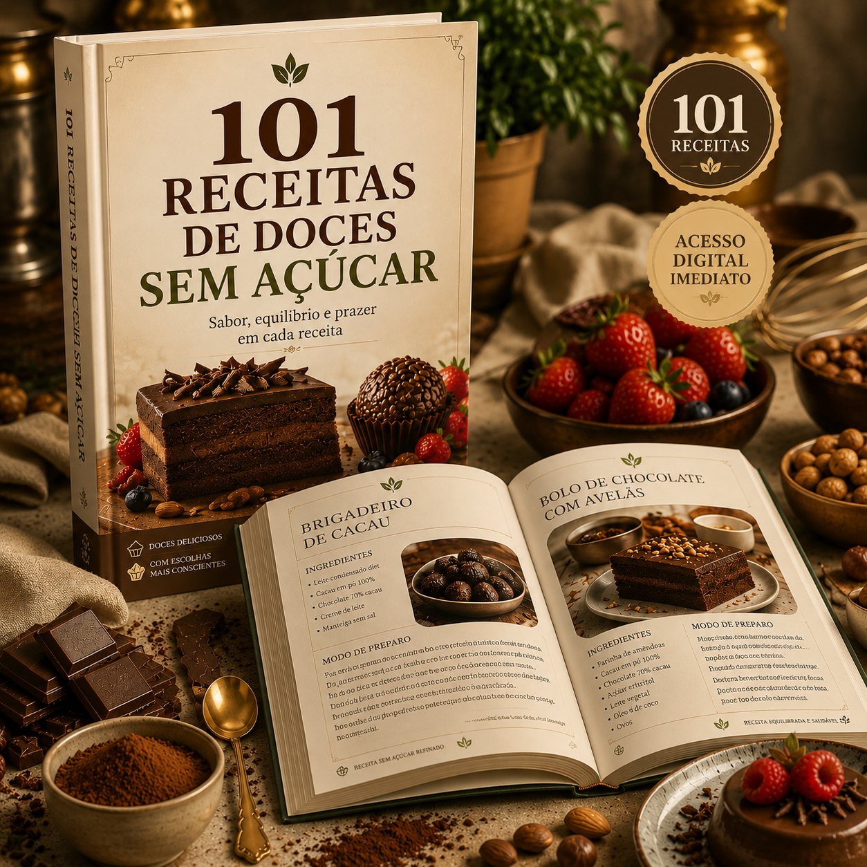 Mockup do ebook 101 Receitas de Doces sem Açúcar com capa e páginas abertas